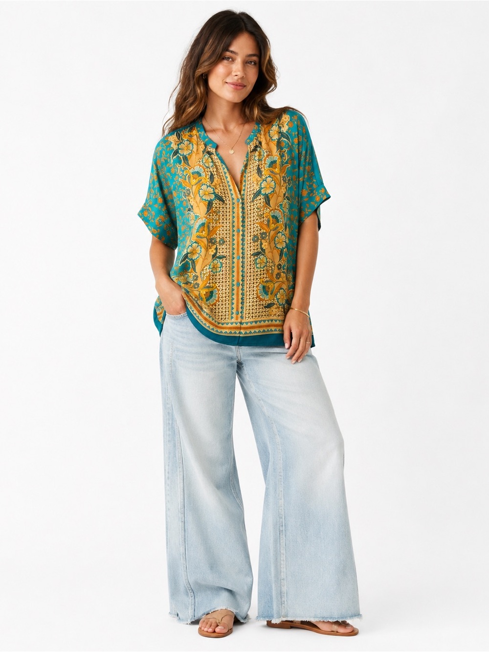 DR2 XL Teal Mustard Boho Floral Split Neck Blouse Lightweight Top Artsy Office